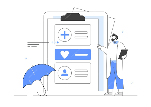 Illustration of a doctor standing beside a health insurance form with a protective umbrella.