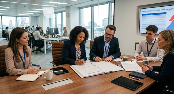 Business team reviewing a medical insurance policy for employees during a workplace meeting.