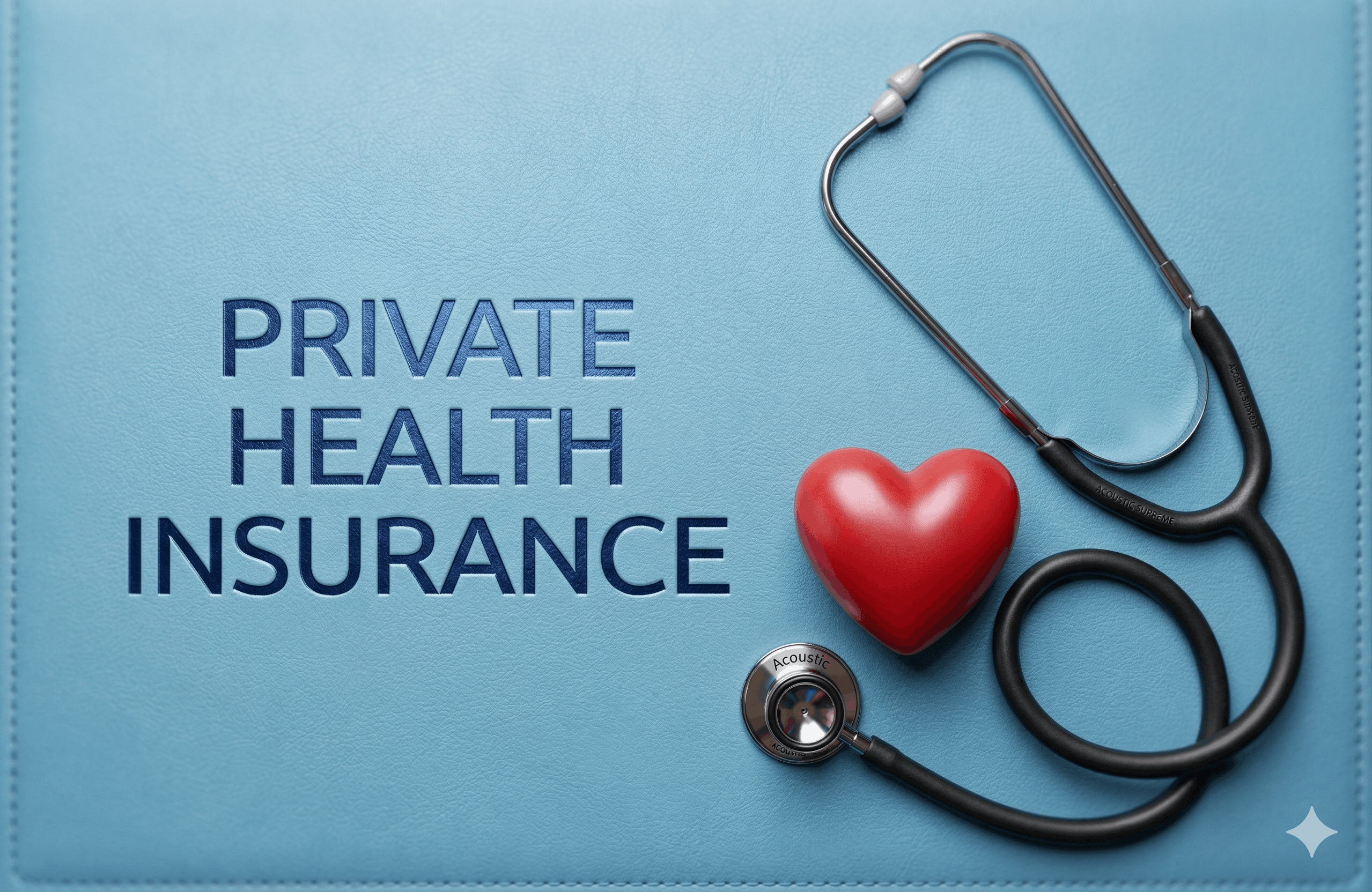 A plain blue background with a stethoscope and a red heart, with the text 'Private Health Insurance'.