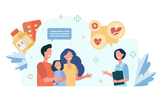 Parents with a child visiting a paediatrician, representing private health care for children and family healthcare coverage in the UK.
