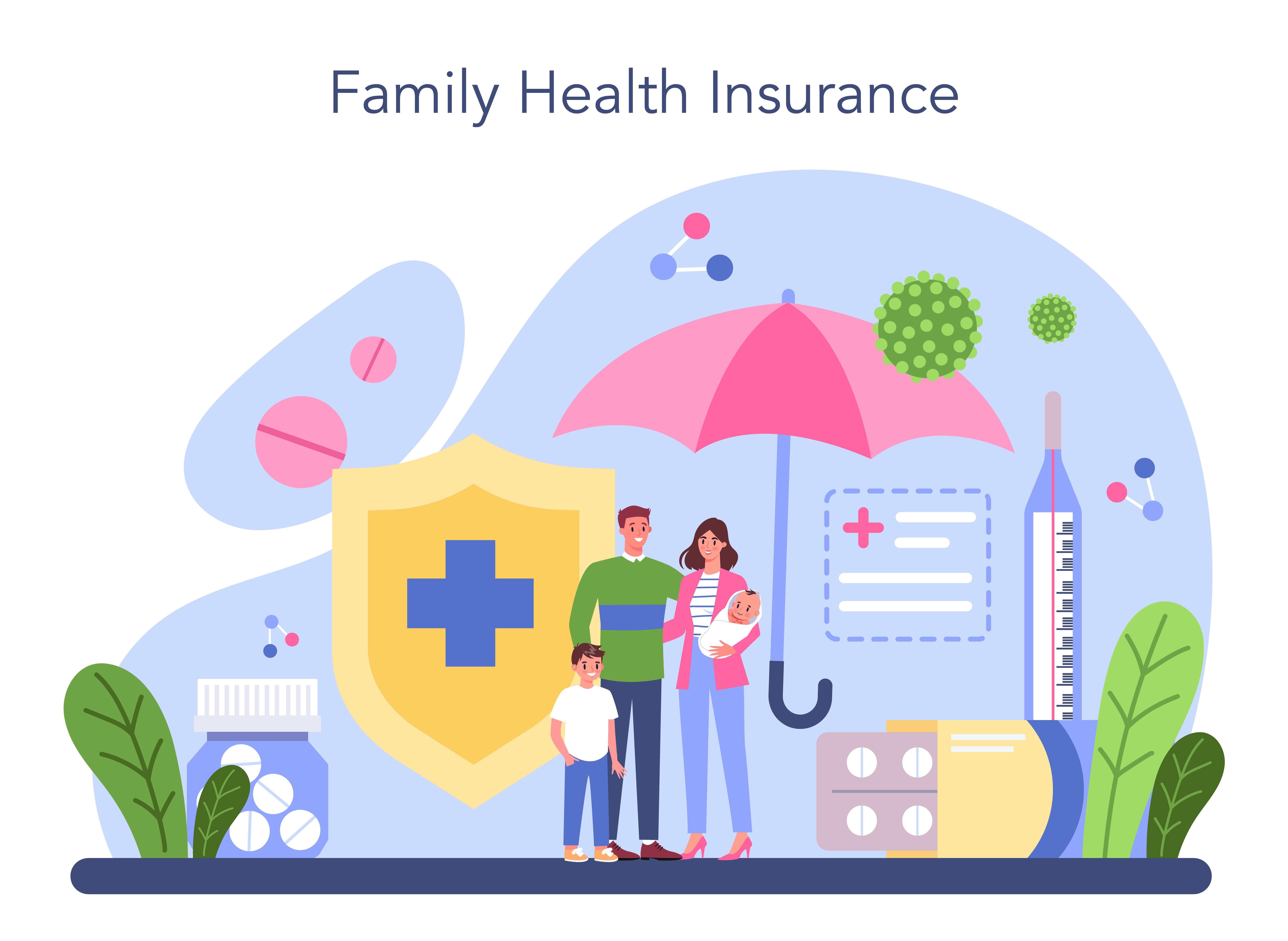 Illustration of a family protected by health insurance, with a shield, umbrella and medical icons.