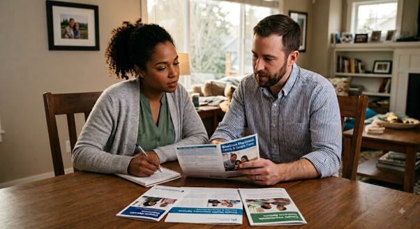 Couple reviewing health insurance information together while considering joint health insurance options.